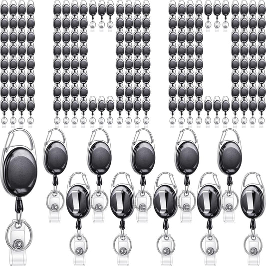 Maitys 100 Pack Retractable Badge Reels Bulk Heavy Duty Badge Reel Holders with Carabiner Belt Clip and Keychain for Lanyard Card Nurse School Office Employee (Clear Black)