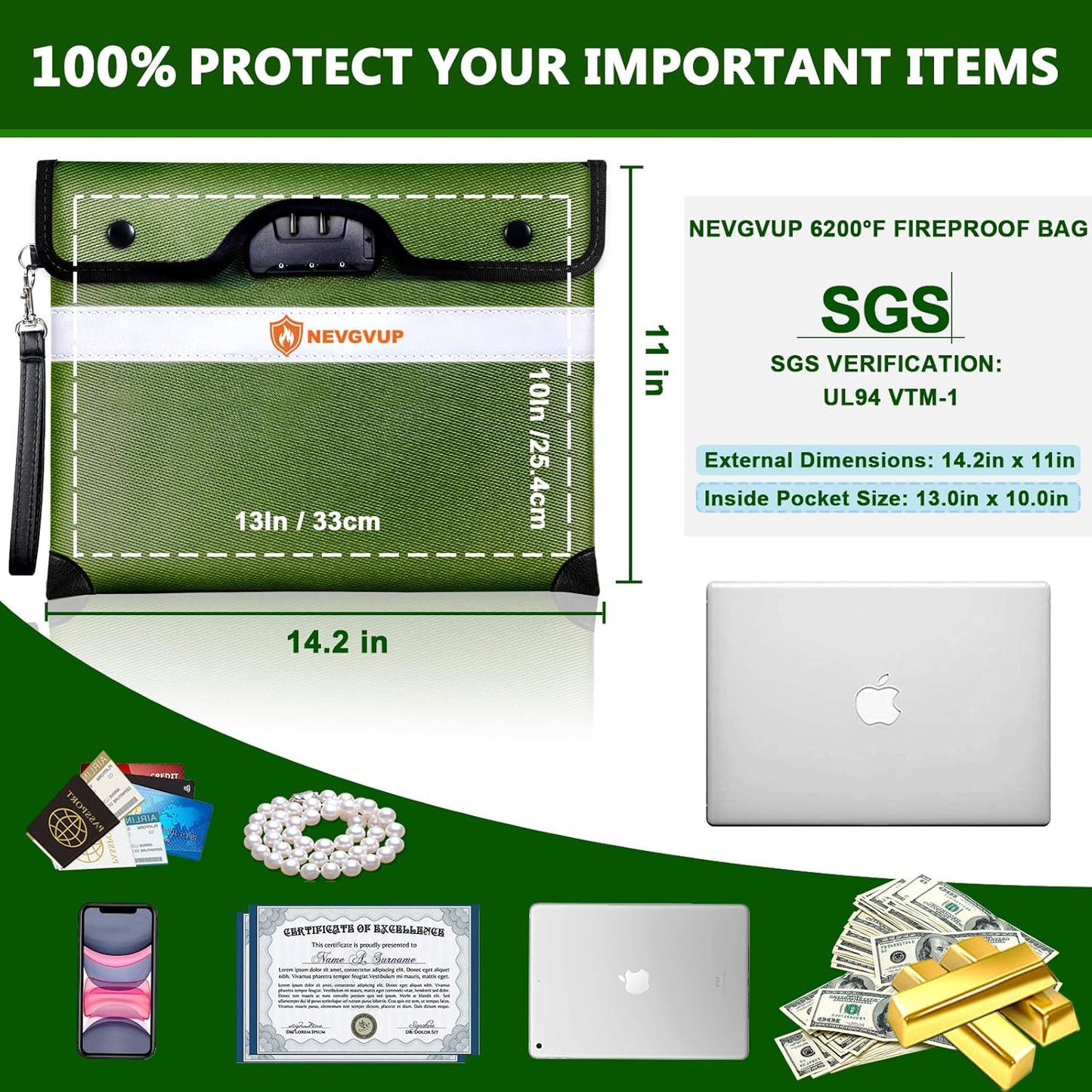Upgraded 6200°F Fireproof Document Bag with Lock, Fire proof Money Bag for Cash with Zipper/Reflective Strip, 9 Layer of Heat Insulated Material, Water Resistant Fireproof Bags for Documents,Safe Bags