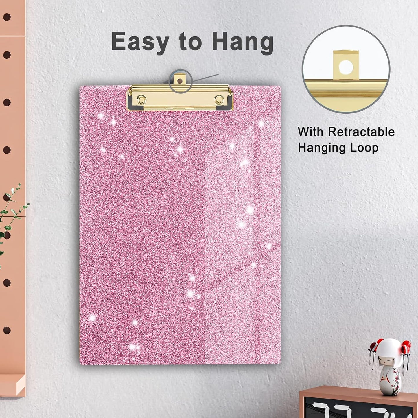 Glitter Acrylic Clipboard Decorative Standard A4 Letter Size 12.2" x 8.7", Fashion Bling Clip Boards with Designed Low Profile Gold Clip for Classroom Office - Warm Pink