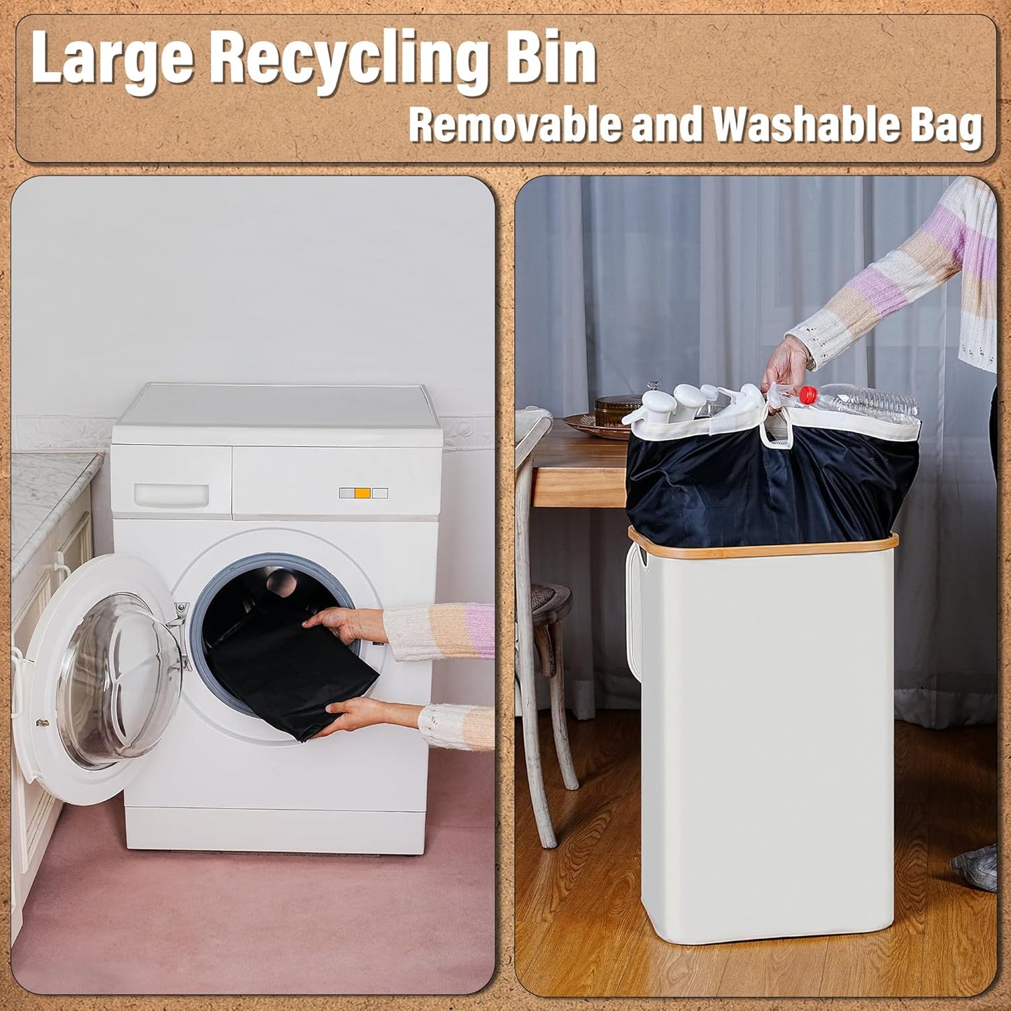 efluky Recycling Bin 100L, 26 Gallon Recycle Bins for Kitchen Indoor Outdoor Home with 2 Removeable and Reusable Inner Bag, Tall Recycle bin for Bottle Can Plastice Stickers (Beige)