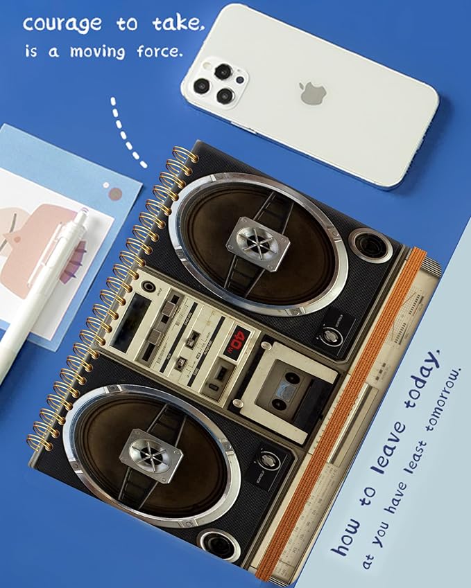 Ruled Spiral Writing Notebook,A5 Hardcover Lined College Journal for Women Lady,Fashion Puppy Watercolor Strong Twin-Wire Binding with Premium Paper,8.4" X 6",Perfect for School,Office,Home Gifts(Tape Recorder Vintage)