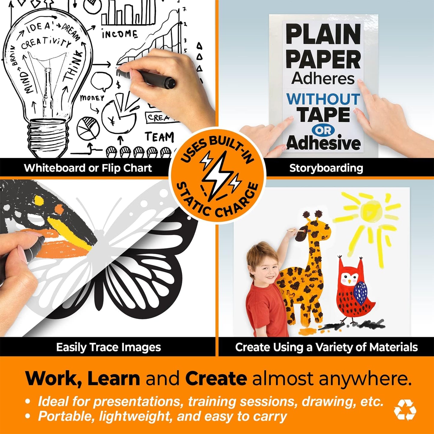 Backpacker Cling-rite Rolls Clingers Dry Erase Portable Whiteboard - 45' ft Roll with 30 Sheets, 12"x18" Reusable Surface for School Supplies, Office Decor, Kids Art & Craft Projects - American Made