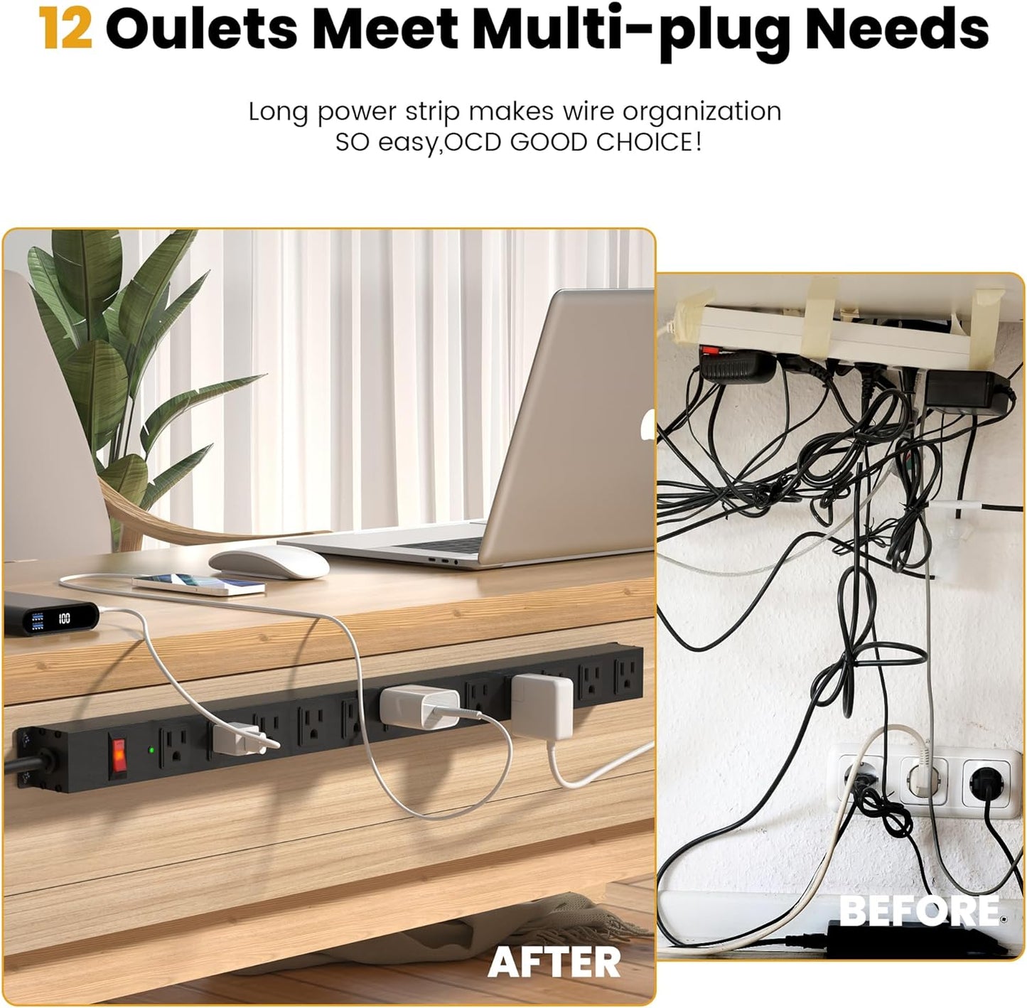 12 Outlet Long Power Strip Surge Protector with 2100 Joules, 3FT Power Cord, Wide Spaced Outlet Power Bar, Overload Protection Switch, Industrial Heavy Duty for Work Bench, Shop, Garage (Black)