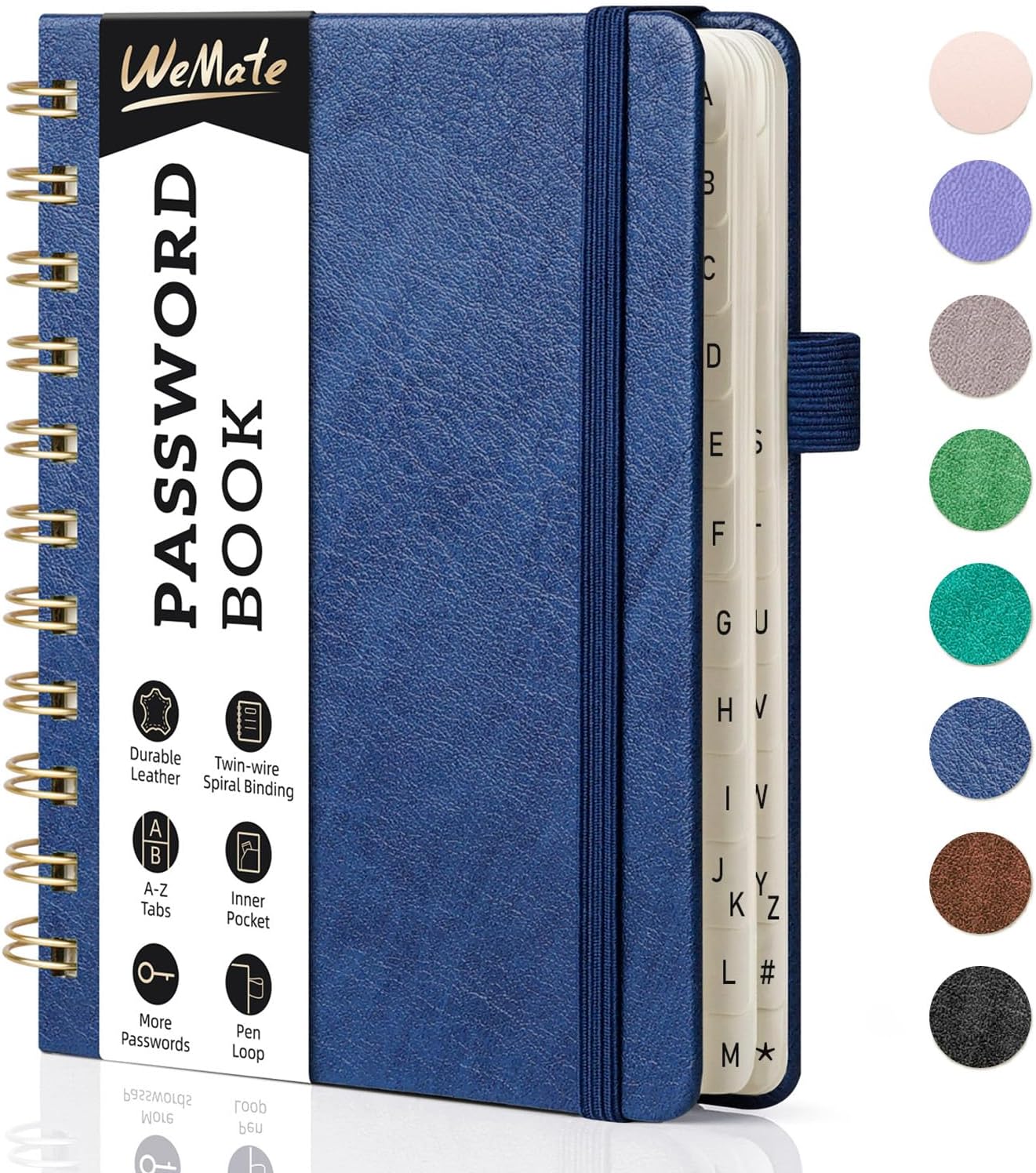 WEMATE Password Book with Alphabetical Tabs, Spiral Password Keeper Book for Seniors, Internet Password Notebook Password Journal Logbook Log in Detail, Small – 4.7''x 6'' (Navy Blue)