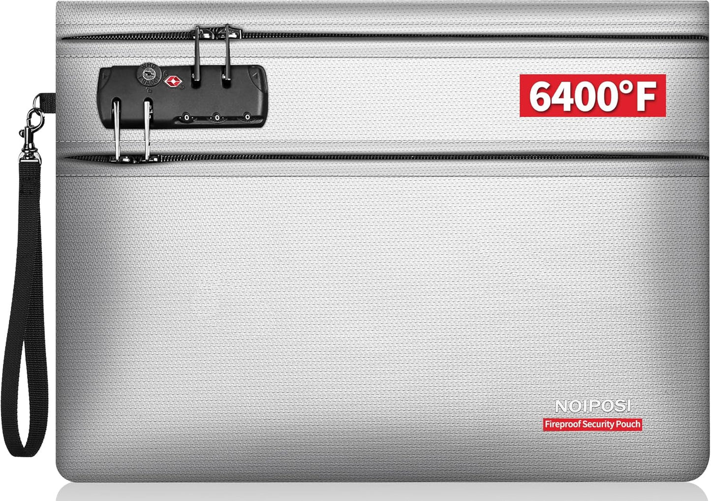 Noiposi 6400℉ Fireproof Document Bag with Lock,Dual-Zip Compartments Fireproof Money Bag for Cash and Documents,12 Layers Heat Insulated Fireproof Bag with Zipper,Protects Important Valuables(Silver)