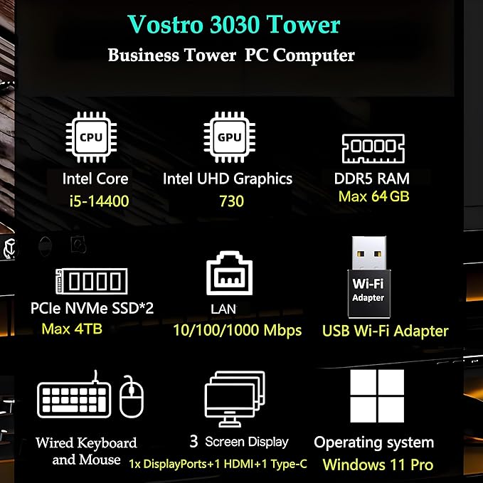 Dell Desktop Computers, 3030 Tower Desktop PC, 14th Gen Intel Core i5-14400 (Beat i7-13620H), 32GB DDR5 RAM, 1TB PCIe SSD, WiFi Adapter, DisplayPort, HDMI, Type-C, Keyboard and Mouse, Windows 11 Pro