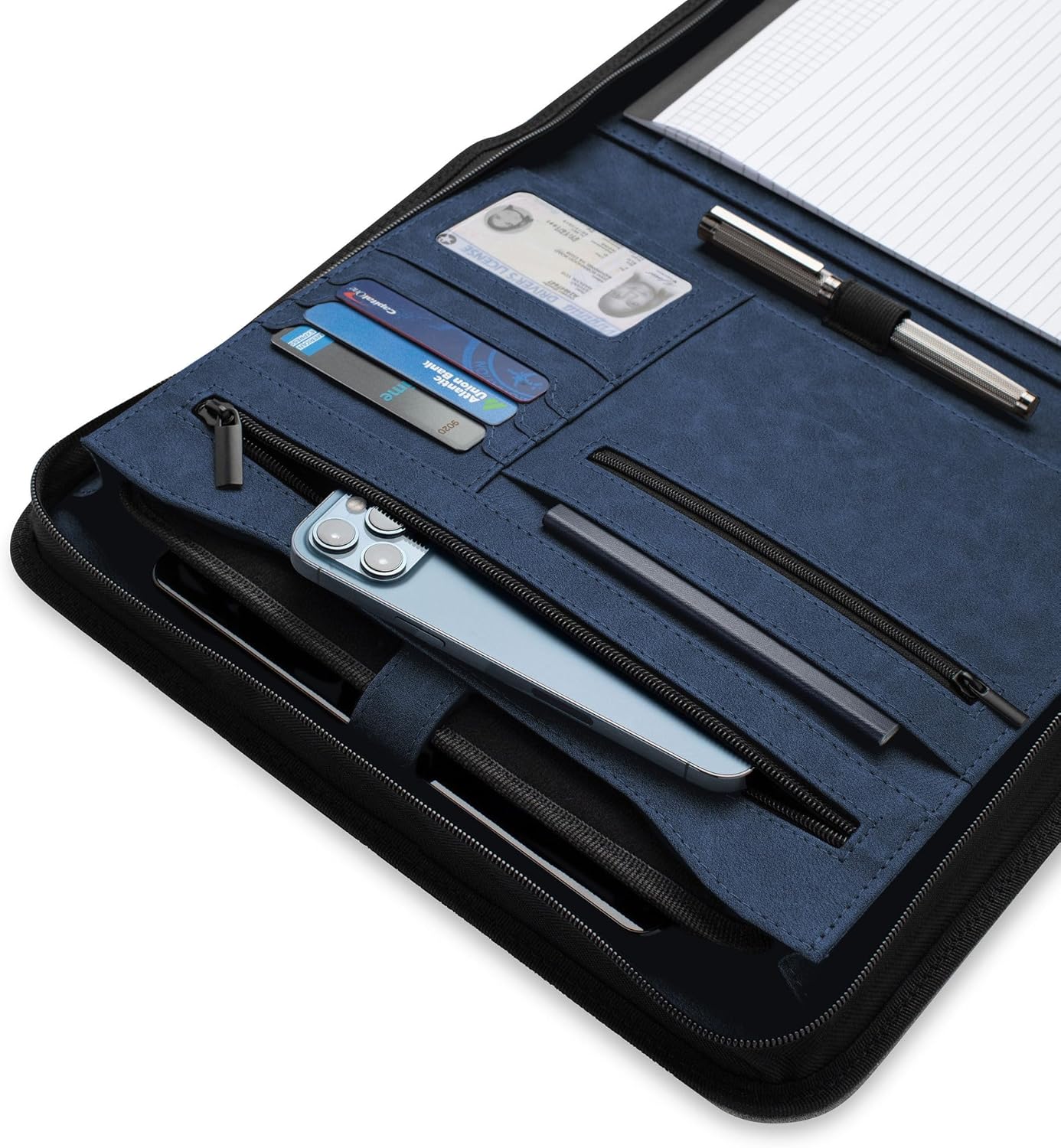 Padfolio Binder - Professional Faux Leather Travel Organizer Pouch for Tablet, Documents, Presentation Folders, Zipper Closure, Notepad - Blue