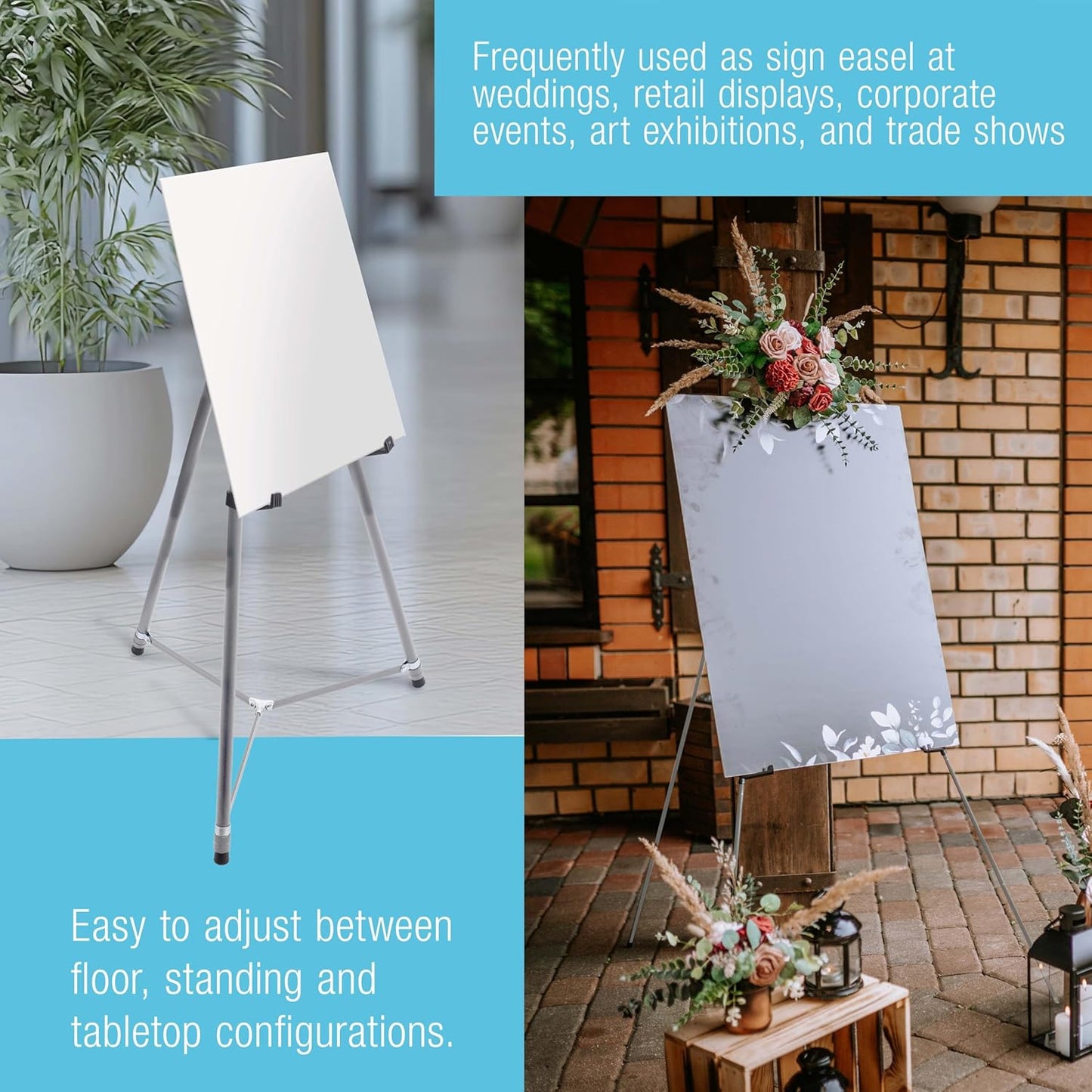 U.S. Art Supply 66" High Gallery Silver Aluminum Display Easel and Presentation Stand (Pack of 4) - Large Adjustable Height Portable Floor and Tabletop Tripod, Holds 25 lbs, Paintings, Signs, Posters