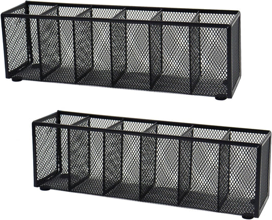 2PCS Black Mesh Pen Pencil Holder, Small Metal Desk Organizer Desktop Stationery Office Supplies Acessories Storage Stand, 6 Compartments Brushes Holder for Home School Classroom Teachers
