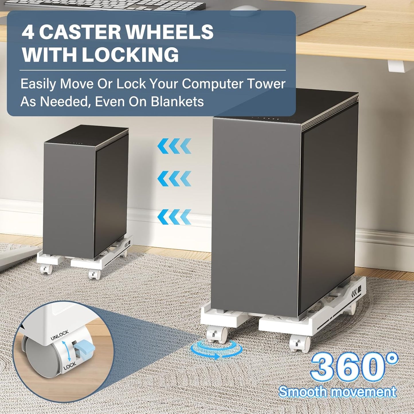 Adjustable Computer Tower Stand, Mobile PC Stand for Floor with 4 Locking Caster Wheels Fits Most PC, Under Desk CPU Holder for Office, Gamers and Students (White)