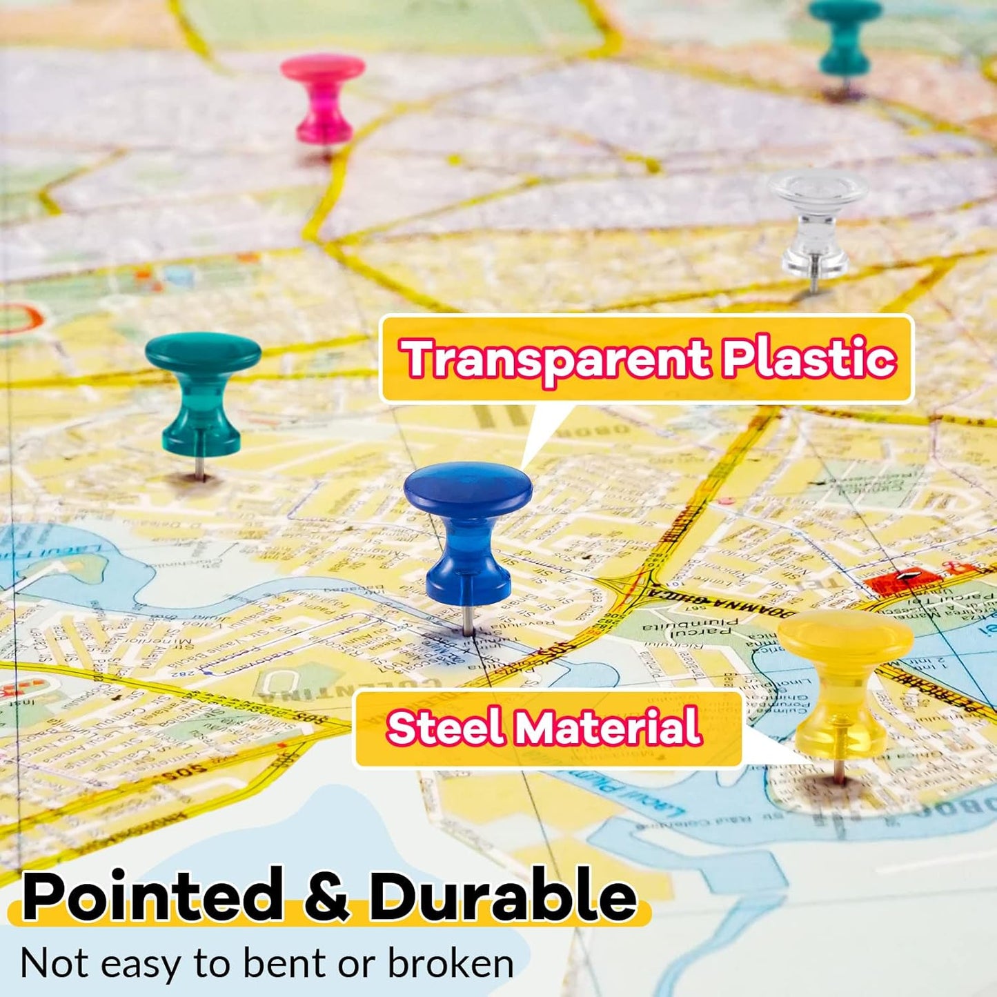 Outus 100 Pcs Giant Push Pins Large Thumb Tacks Plastic Heads 1 Inch Jumbo Push Pins for Cork Board Map Posters Office School(Rose Red, Clear, Dark Blue, Dark Green, Yolk Yellow)