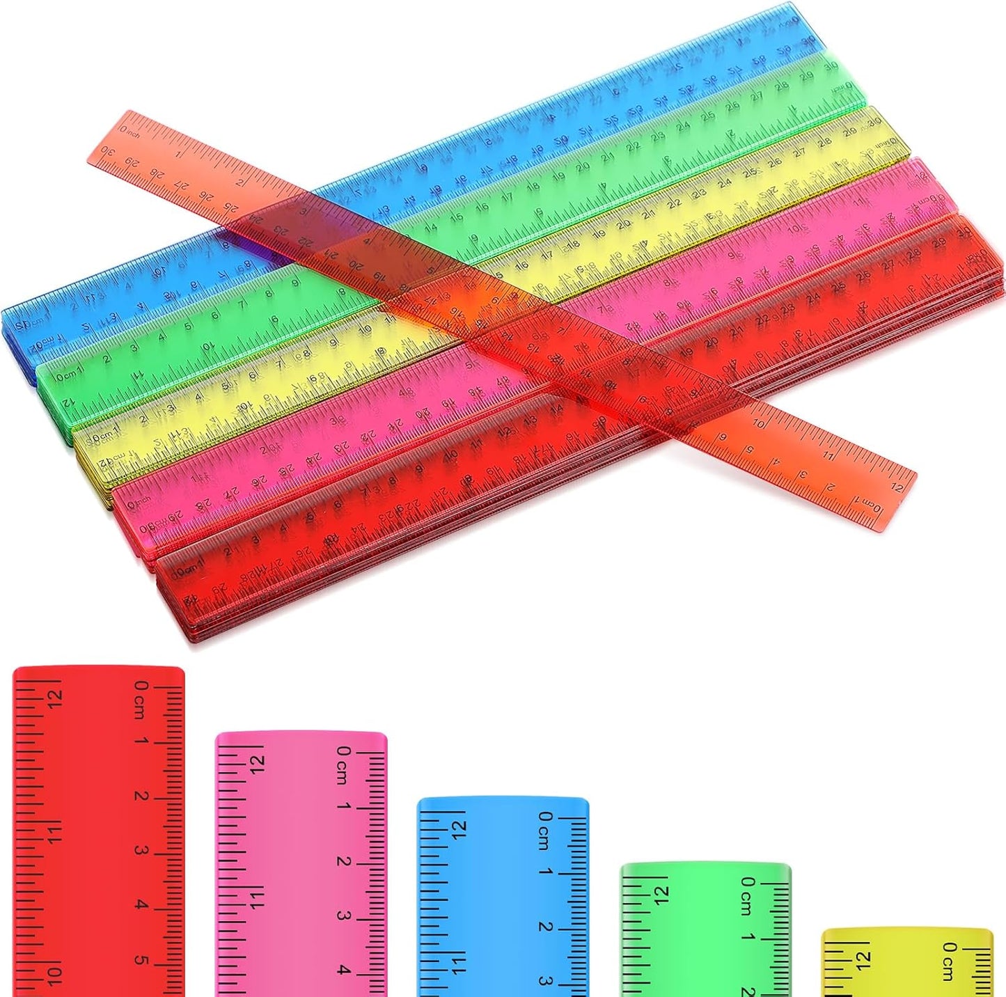 Zonon 50 Pcs 6 Inch/12 Inch Plastic Rulers Bulk Flexible Straight Rulers with Inches Centimeters First Day of School Gift Students Back to School Office Home Supplies(Clear Colorful,12 Inch)