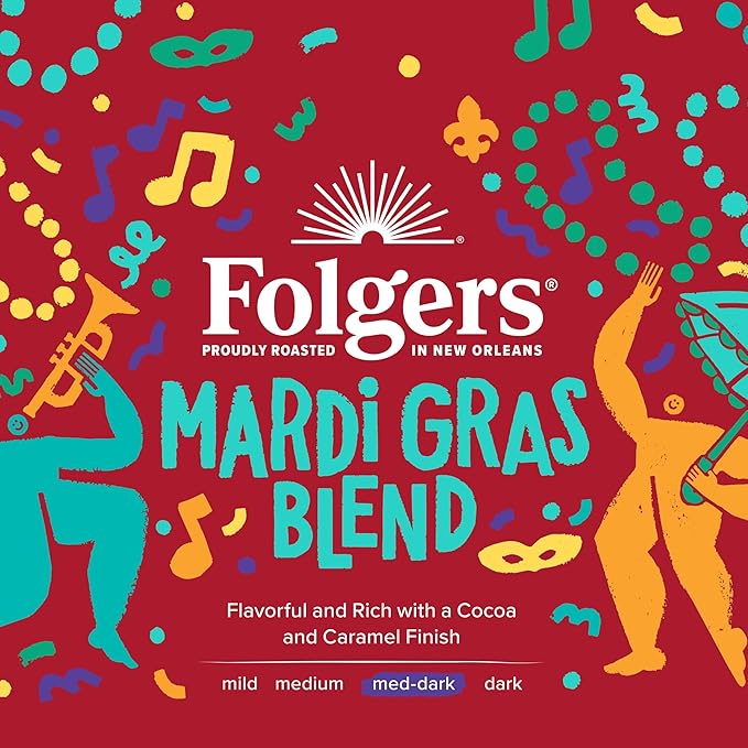 Folgers Mardi Gras Blend Medium-Dark Roast Coffee, Keurig K-Cup pods, 10 Count Box (Pack of 6)