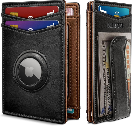 Airtag Wallet for Men- with Money Clip Gift Boxed, Magnetic Closure Slim Genuine Leather Front Pocket Wallet, 4.1"x 2.8", RFID Blocking