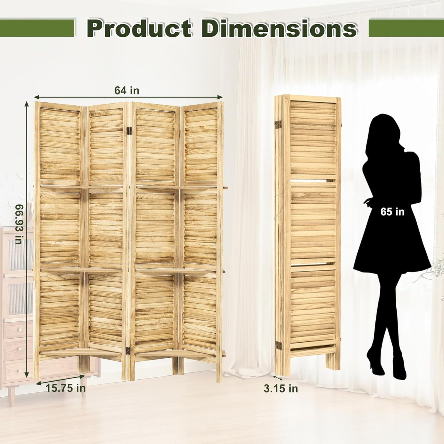 NicBex 4 Panel Room Divider 5.6FT Louvered Design Room Dividers with Display Storage Shelves Folding Privacy Screens Portable Freestanding Partition Wall Dividers for Home Bedroom Office, Natural Wood