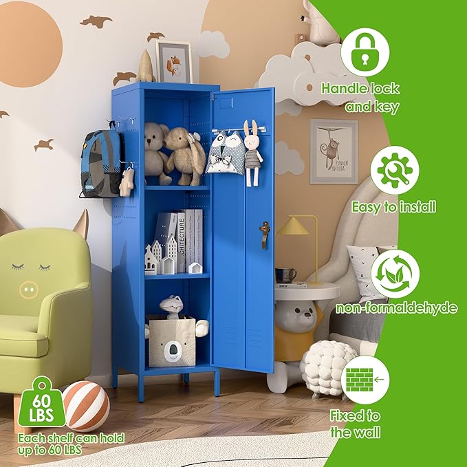 Aobabo Metal 54" H Metal Storage Locker for Employees, Lockable 1 Door with Towel Rack and 2 Side Pegboards with Hooks for School Office Gym Home, Assembly Required (Blue)