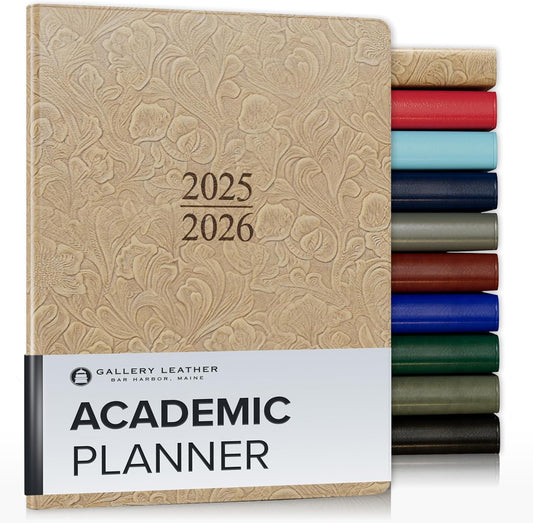 Gallery Leather Academic Planner 2025-2026, Teacher and Student Weekly Monthly Planner, Elegantly Bound Calendar with Gold-Gilded Page Edges, 18 Months - Floral Latte - 9x7"