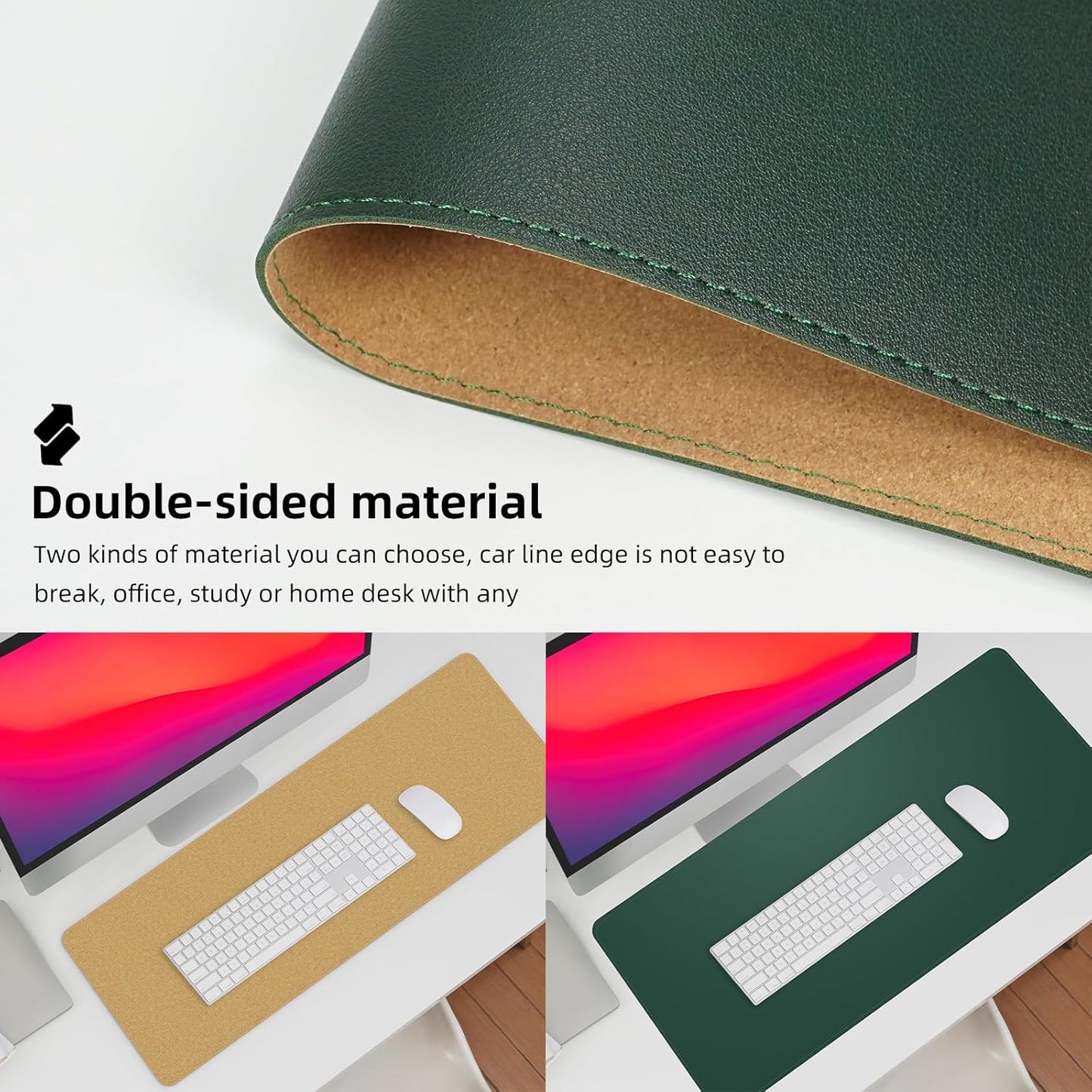 Leather Desk pad Protector, Large Desk mat with Natural Cork & PU Leather,Mouse pad,Non-Slip Office Desk Mat,Waterproof Desk Writing Pad for Office and Home (47in*23in, Dark Green)