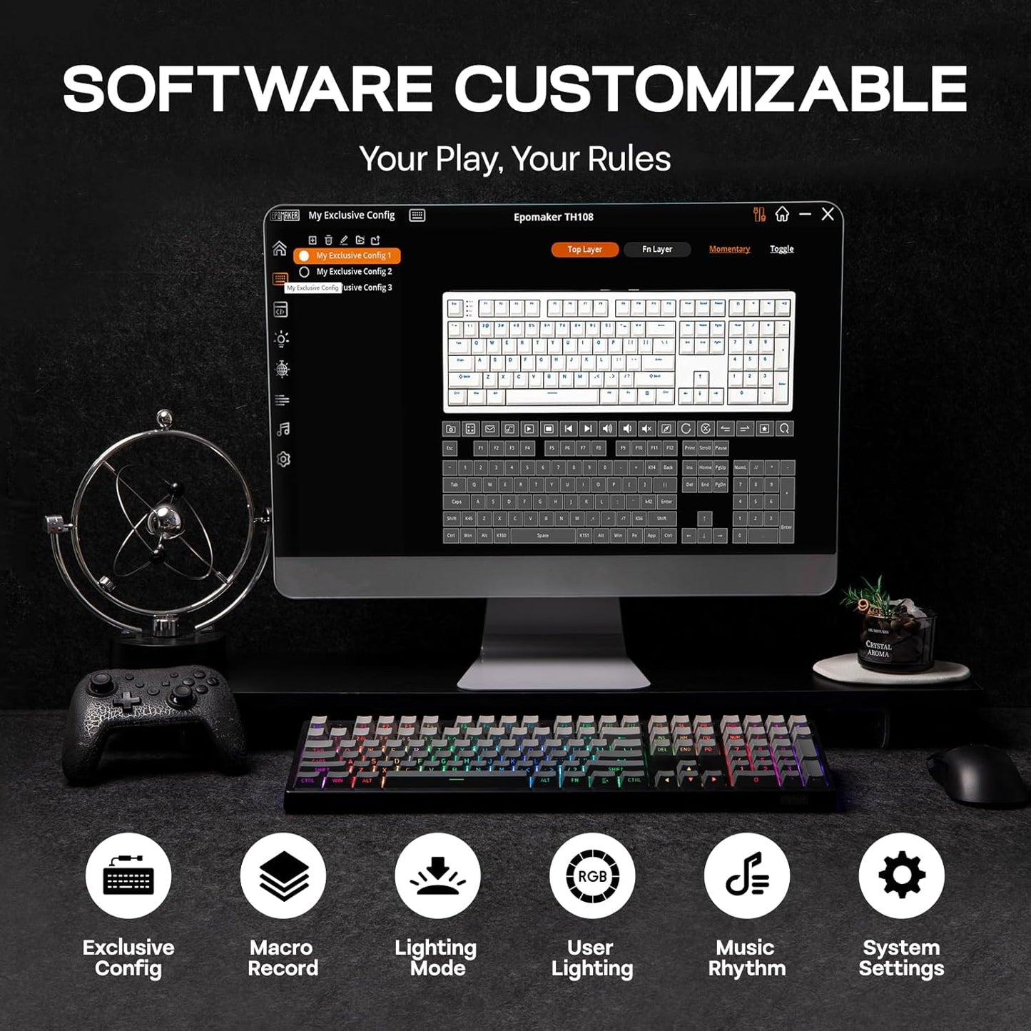 EPOMAKER TH108 Full Size Mechanical Keyboard, Wireless Gaming Keyboard with 8000mAh Battery, Creamy Gasket, 108 Keys, Hot Swap, Custom Driver, RGB Backlight (Black, Creamy Jade)