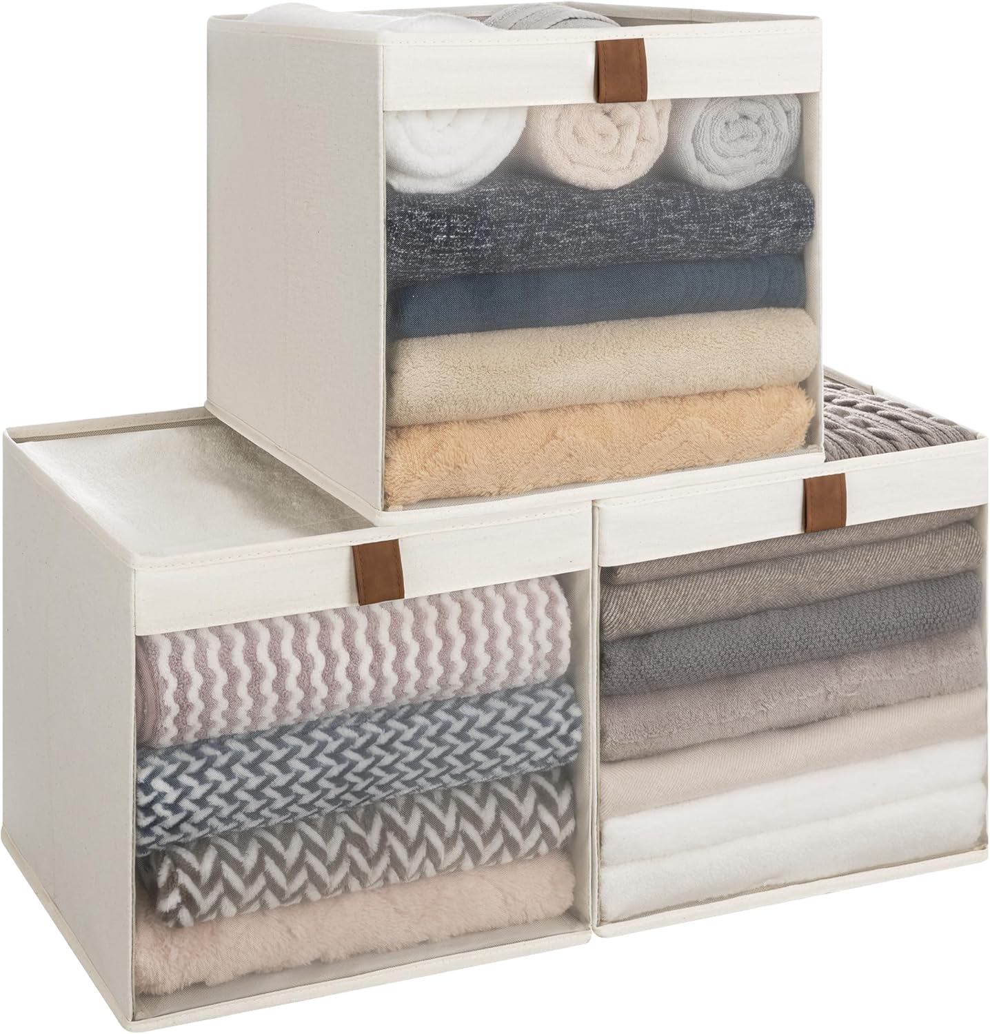 StorageWorks 13x13 Storage Cubes, Closet Storage Bins with Clear Window, Large Fabric Organizer for Clothes, Collapsible Storage Baskets with PU Handles, Beige, 3-Pack