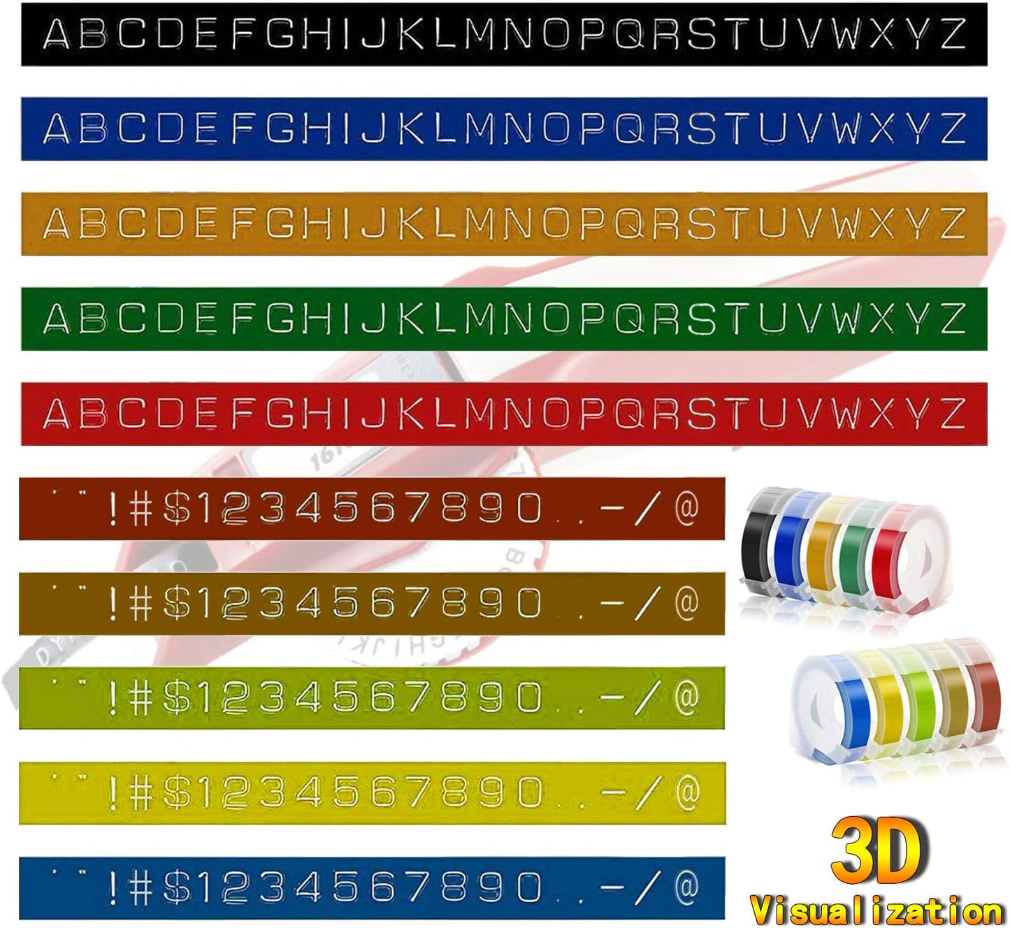 Embossing Tape Compatible with Dymo Embossing Label Maker, 3/8'' x 9.8' Colorful 3D Plastic Organizer Xpress Tape Compatible with Dymo Embossing Office Mate II and Old School Label Makers