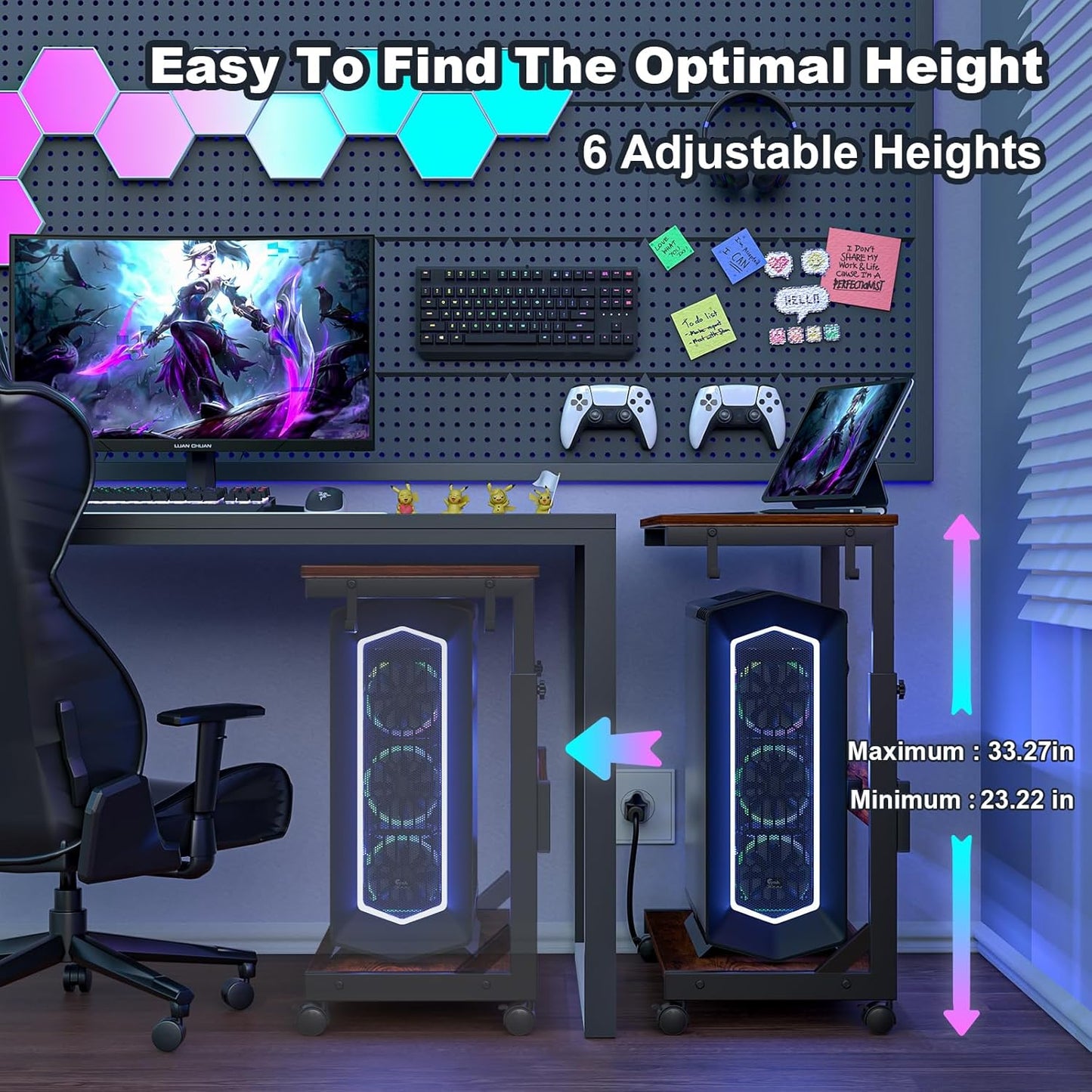 Height Adjustable Computer Tower Stand with Charge Station and USB Charging Port, 2-Tier ATX-Case Cart, Under Desk Mobile PC Stand, CPU Holder Cart with Locking Caster Wheels for Fits Most PC