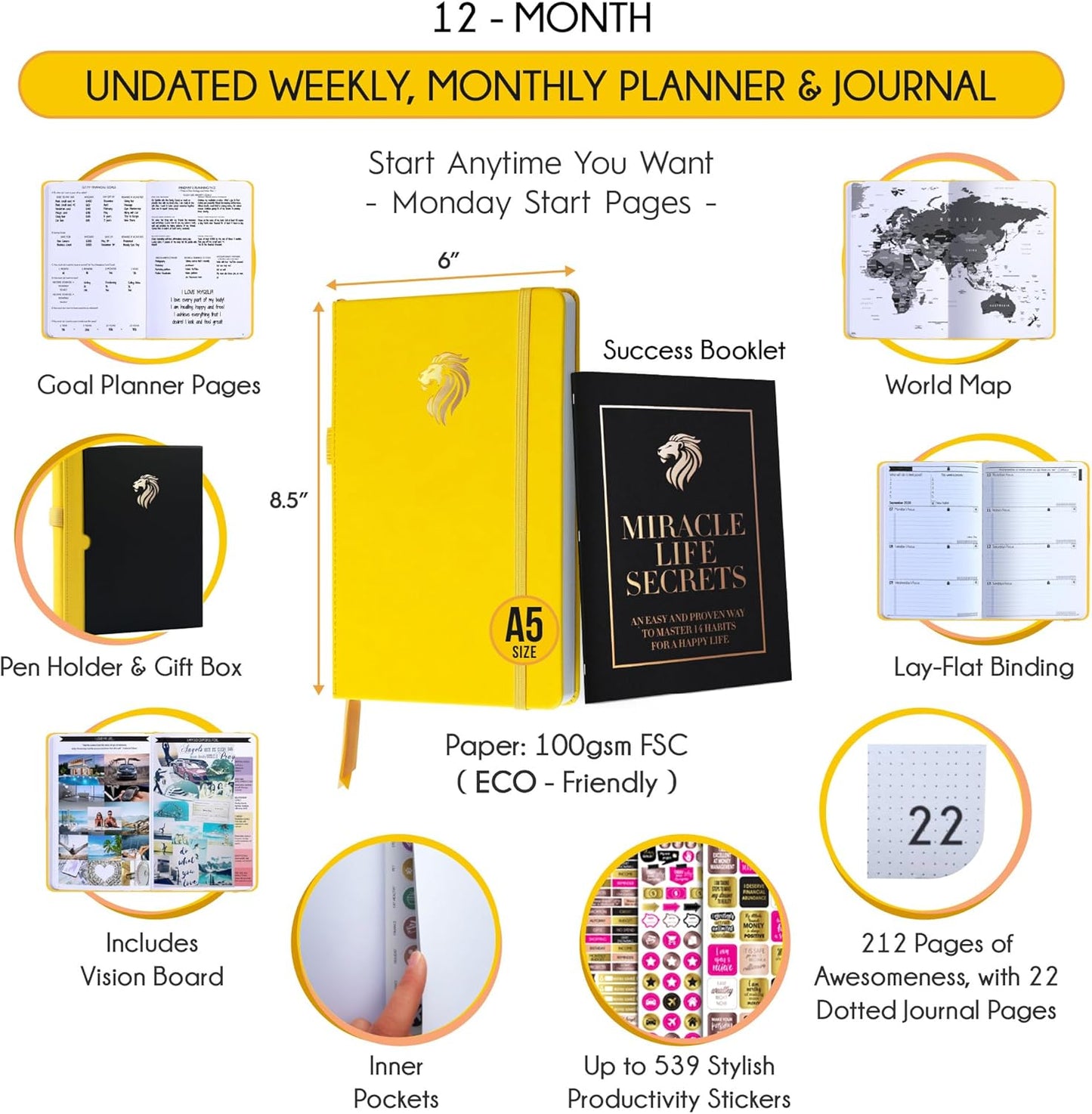 Life Planner - Undated Daily, Weekly & Monthly Planner with Budget Section | A 12 Month Journey to Increase Productivity & Happiness | Life Organizer & Gratitude Journal - Horizontal Format