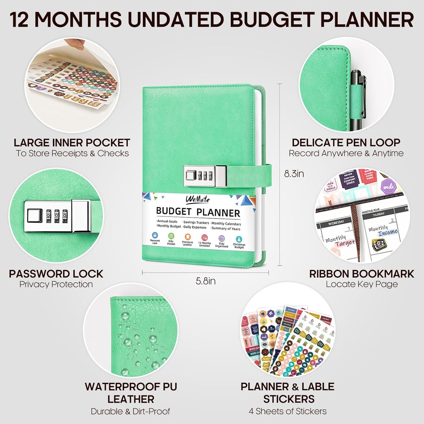 WEMATE Budget Planner 2025 with Lock, Monthly Budget Book with Expense Tracker Notebook, Undated Financial Planner to Manage Your Money, A5 Leather Account & Budget Book, Green