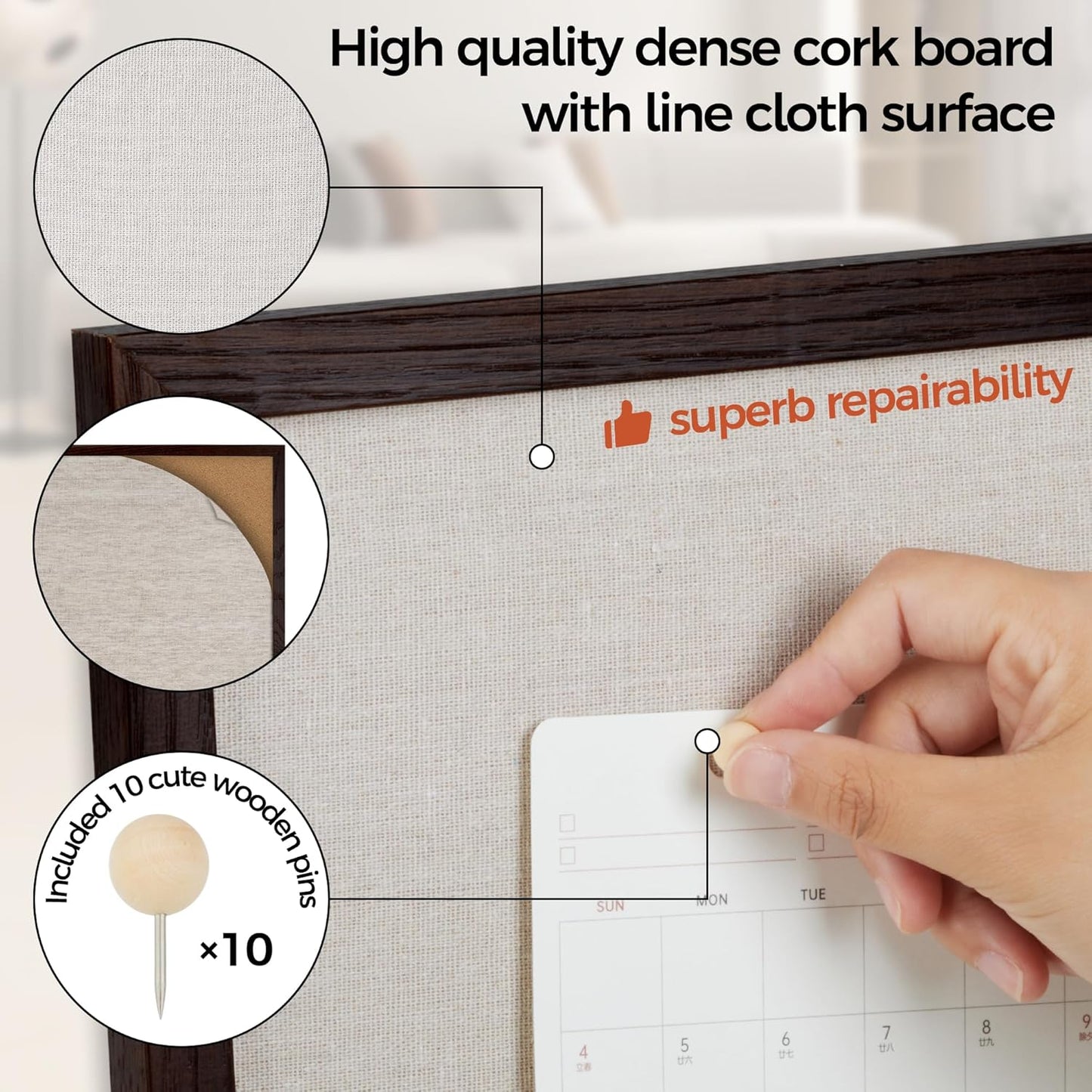 Fun Memories Cork Board Bulletin Board for Office, 24" x 36" Oak Wooden Framed Corkboard, Wall Mounted Notice Pin Board for School Home & Office, Dark Walnut