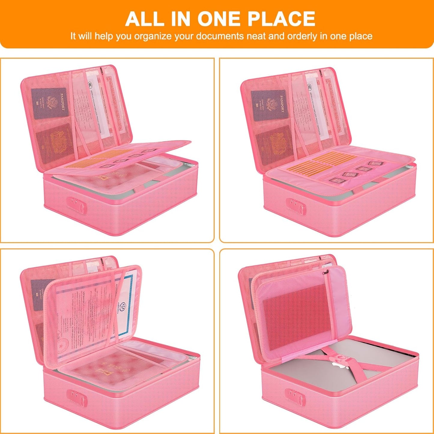 Noiposi Document Organizer with 5200℉ Heat Insulated,Waterproof and Fireproof Document Box,Portable Home Travel Safe Storage Box for Important Documents,File and Birth Certificate，Pink