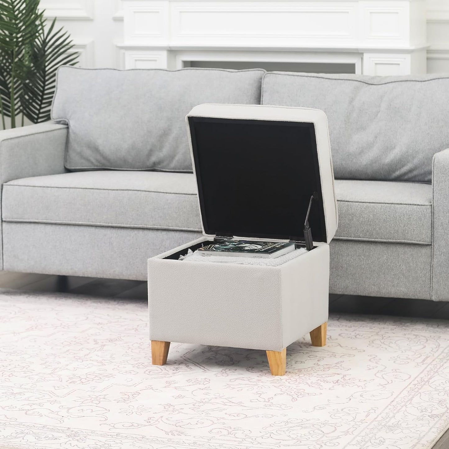 Adeco 17.5" Square Fabric Ottoman with Storage - Upholstered Cotton Linen Foot Rest - Flip Top Footstool with Sturdy Wood Legs, Small Cube Coffee Table Extra Seat for Living Room, Bedroom, White