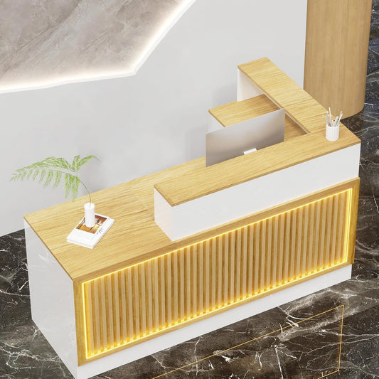 L Shaped Reception Desk, Solid Wood Front Desk with Counter & Lockable Drawers, Retail Checkout Customer 2 Person Secretary Desks for Home Office Lobby Store (70in,Left)