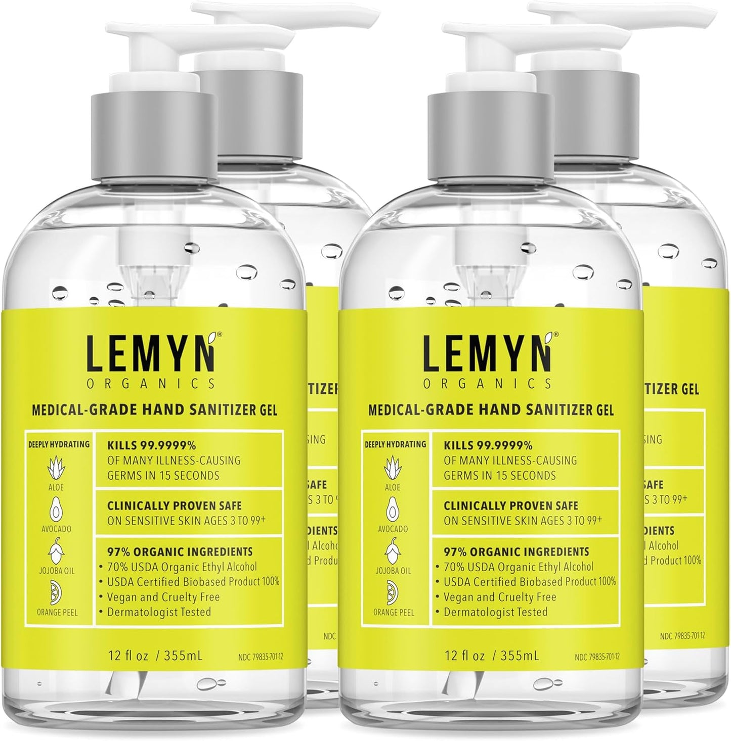 Medical Grade Hand Sanitizer Gel - 97% ORGANIC - 12 FL.OZ. (PACK OF 4)