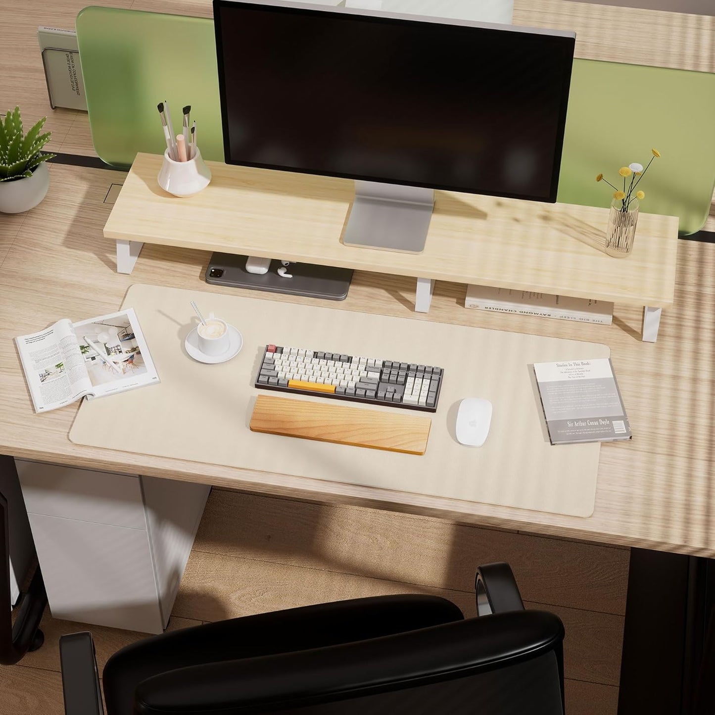 Aothia Dual-Sided Desk Mat - Leather & Cork Desk Protector, Large Mouse Pad & Writing Pad for Office/Home, Waterproof, Beige (35.4" x 15.7")