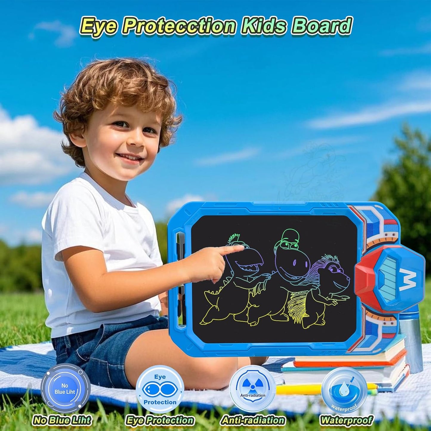 10 Inch LCD Writing Tablet for Kids – Masked Warrior & Captain M Hero, Erasable Doodle Board Drawing Pad, Travel Educational Toy for Toddlers 3-8, Birthday Boys & Man (Blue)