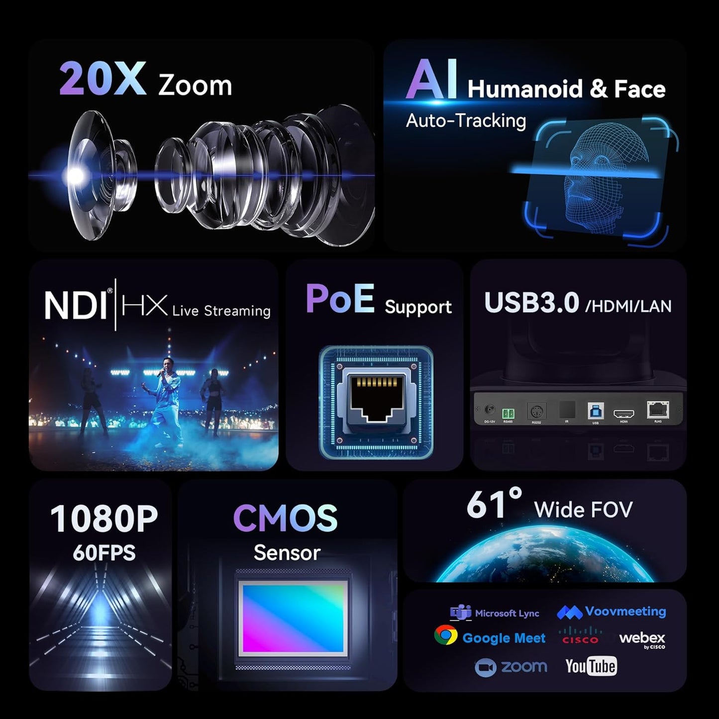 Tenveo NDI PTZ Camera AI Humanoid & Face Auto-Tracking, HDMI/LAN/USB3.0 PoE PTZ Camera 20X Optical Zoom IP Live Streaming, FHD 1080P 60FPS, for Church Services Worship Video Conference Live Streaming