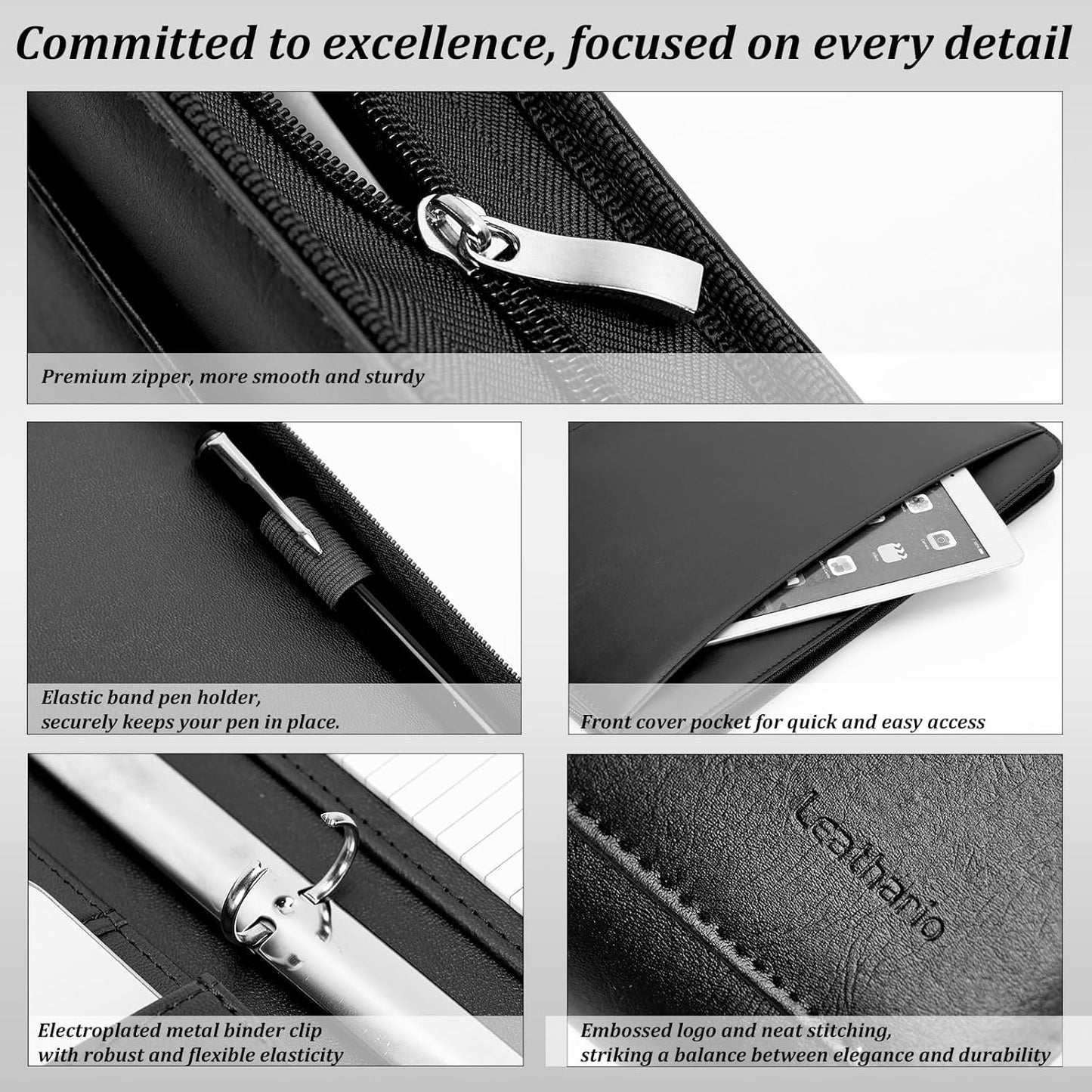 Leathario Portfolio Binder, Includes 10 Sheet Protectors and 3 Notepads, 3-Ring Folder Organizer, A4 Padfolio with Zipper, Vegan Leather Tablet Sleeve, Business Office Conference Clipboards
