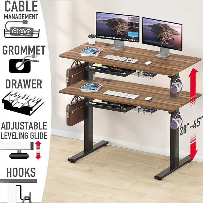 SHW 55 x 28 Inches Electric Height Adjustable Standing Desk with Drawer and Memory Preset, Walnut