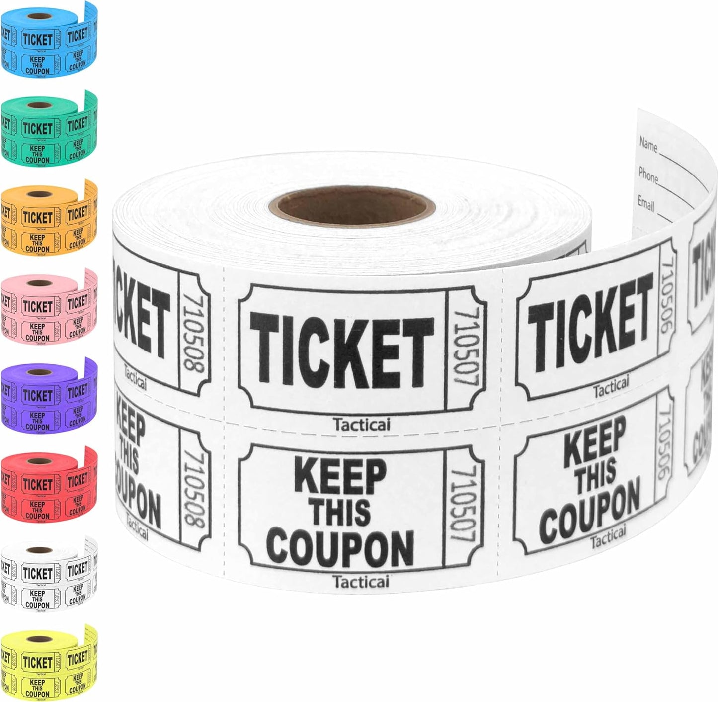 Tacticai 500 Raffle Tickets, White (1 of 8 Colors), Double Roll, Ticket for Events, Entry, Class Reward, Fundraiser & Prizes