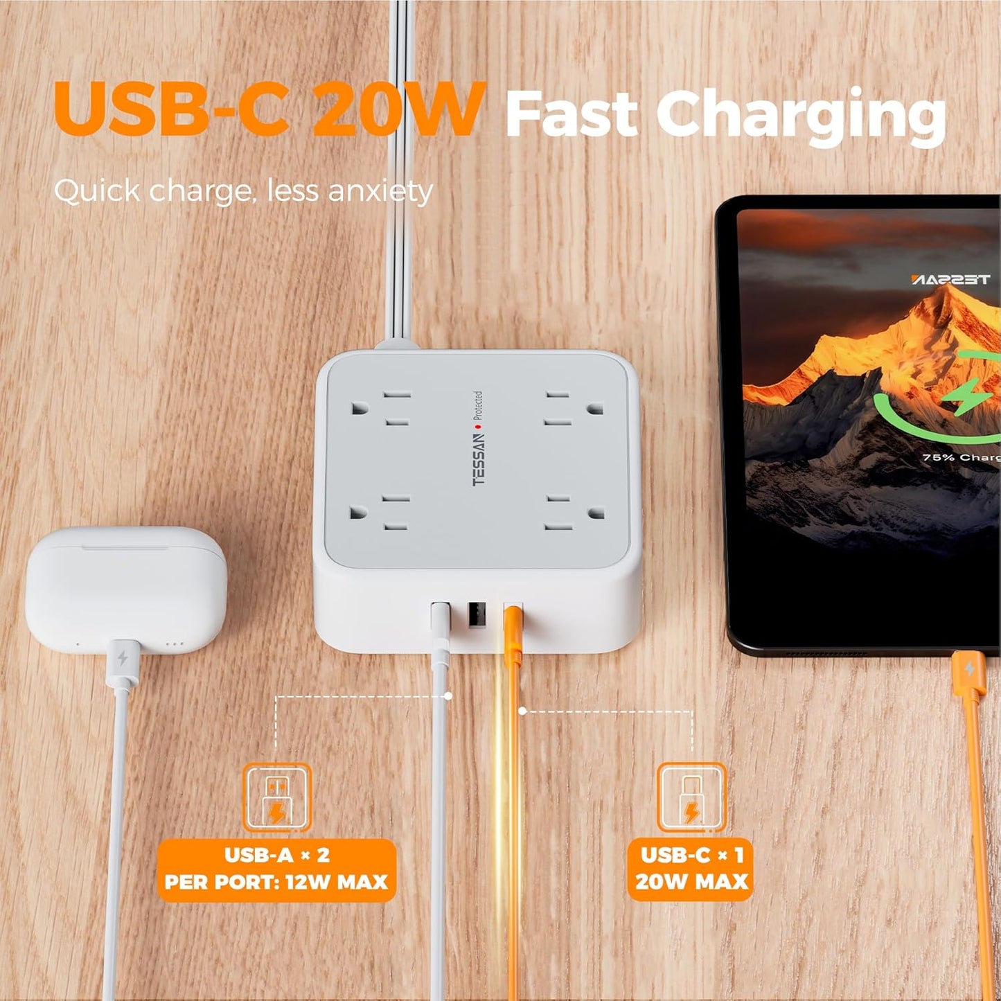 Surge Protector Power Strip, TESSAN 5 Ft Flat Plug Extension Cord with Multiple Outlets, 3 USB (1 USB C PD 20W), 8 Outlets, 900J Surge Protection, for Home, Office, Dorm Room Essentials, 1250W