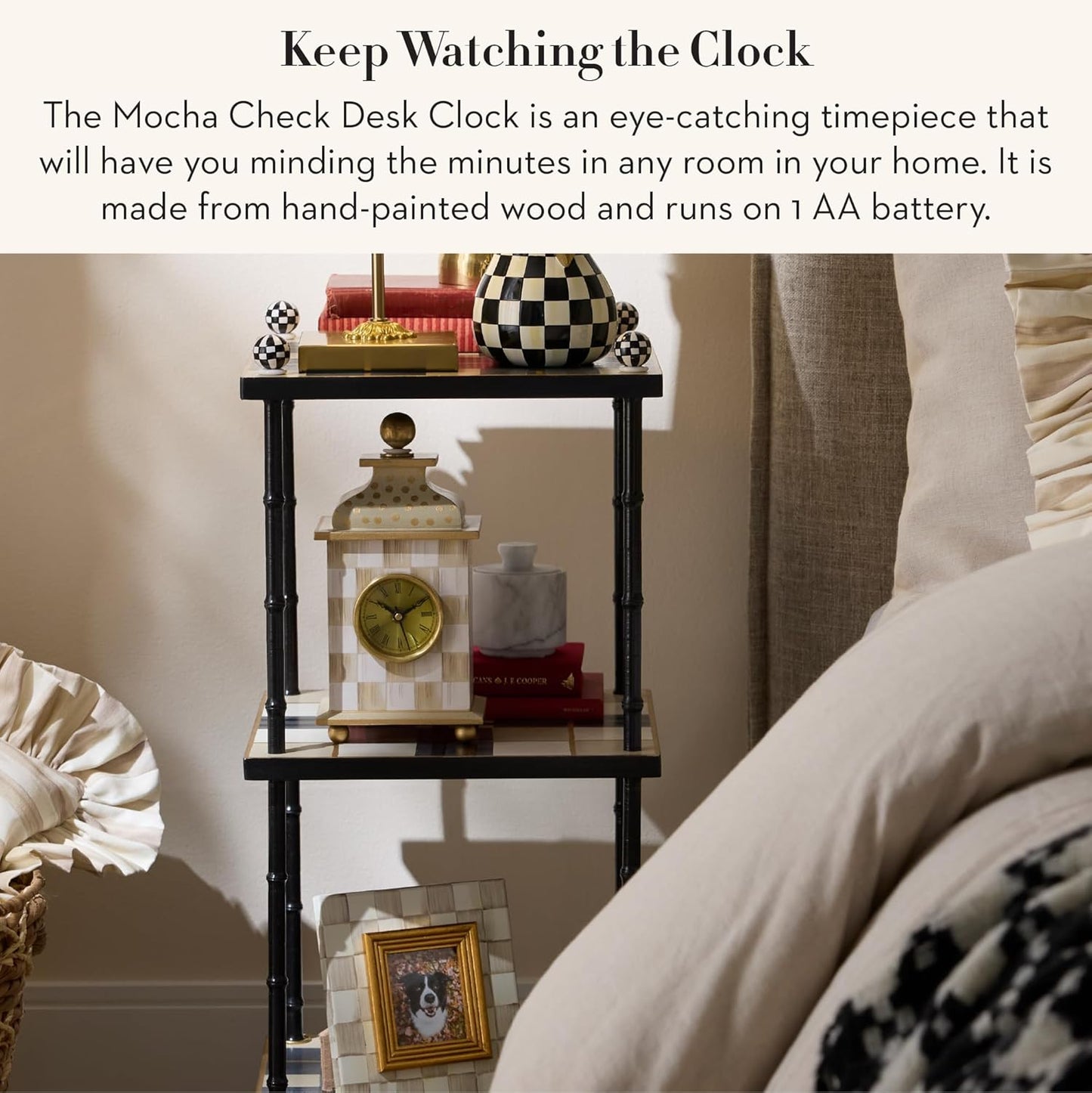 MACKENZIE-CHILDS Desk Clock, Retro Analog Clock for Room Decor, Brown-and-White Mocha Check