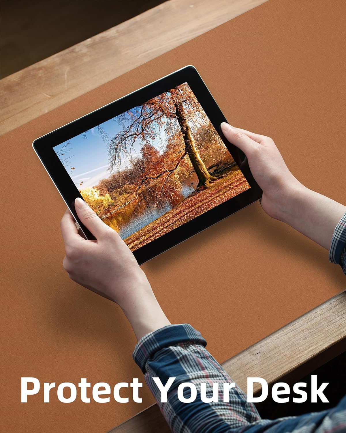 AFIING Leather Desk Pad Protector,Mouse Pad,Office Desk Mat, Non-Slip PU Leather Desk Blotter,Large desk mat,Waterproof Keyboard mat for Office/Home/Decor (Light Brown,48"" x 17"")