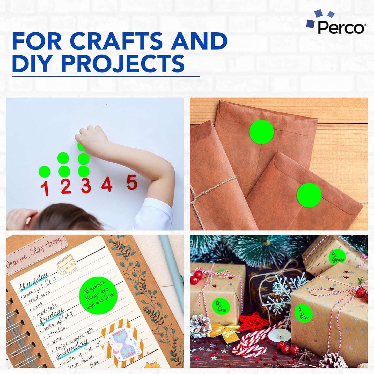 Perco Fluorescent Green 2-Inch Round Circle Dot Sticker Labels - Multi-Roll Pack (3 Rolls, 500 Labels Each) - Permanent Adhesive, Vibrant Colors, Strong Hold - Perforated for Easy Use - Made in USA