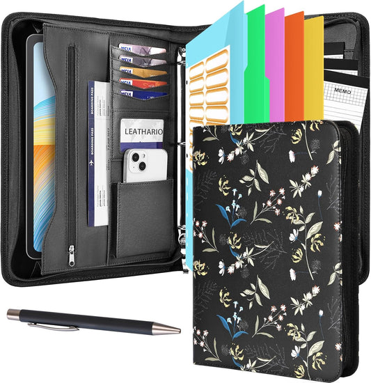 Leathario Portfolio Binder, Includes 5 Folder Index Dividers and 3 Notepads, 3-Ring Folder Organizer, Padfolio with Zipper, Vegan Leather Tablet Sleeve, Business Office Conference Clipboards
