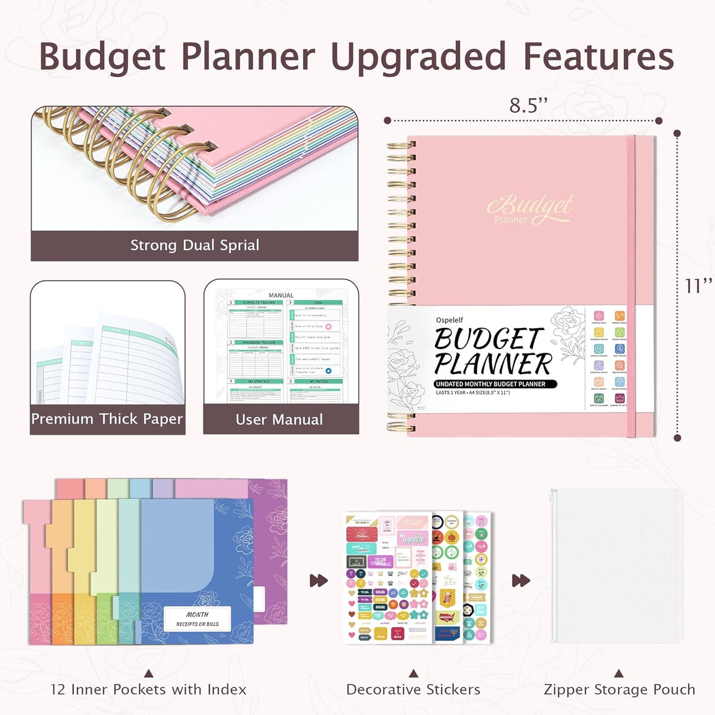 Ospelelf Budget Planner - Monthly Budget Book with Expense Tracker Notebook, Undated 12 Month Bill Organizer & Finance Planner, A4 Account Book with 12 Index Pockets, Zipper Pouch, Stickers(Pink)