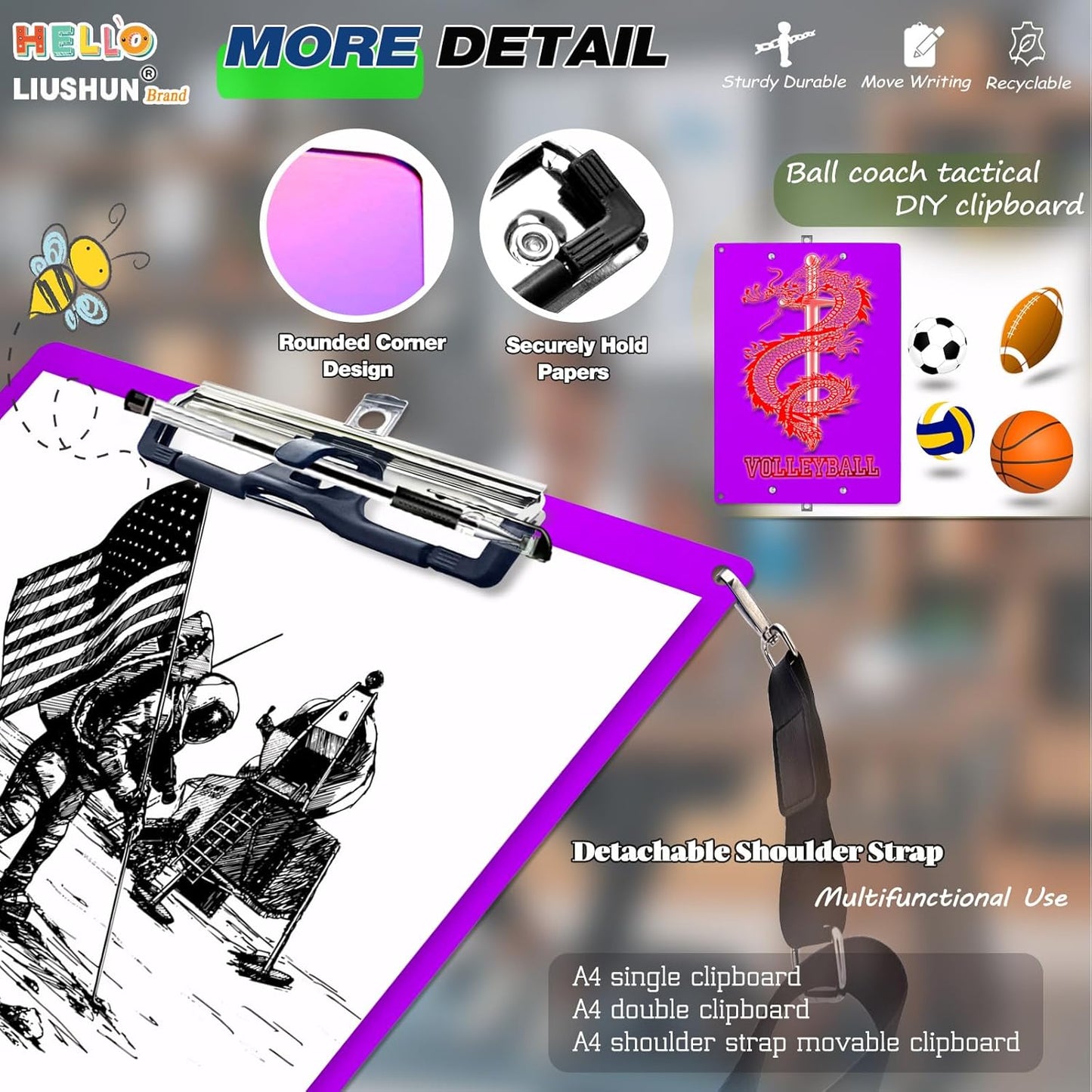 Aluminum Metal Clipboard with Detachable Adjustable Shoulder Strap A4 Double Clip Board Stainless Hangable w/Pen Holder Letter 9" x 12.6" for School Office Business Factory (Purple-with Strap, A4)