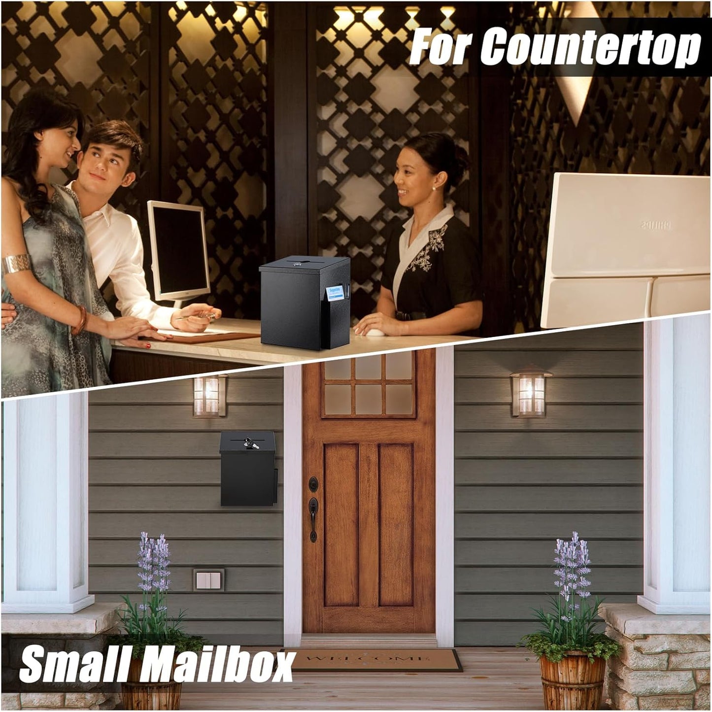 KYODOLED Suggestion Box with Lock & 50 Free Suggestion Cards, Metal Comment Donation Drop Box with Slot, Countertop or Wall Mounted, 8.7" Hx5.9 Wx7.1 L, Black