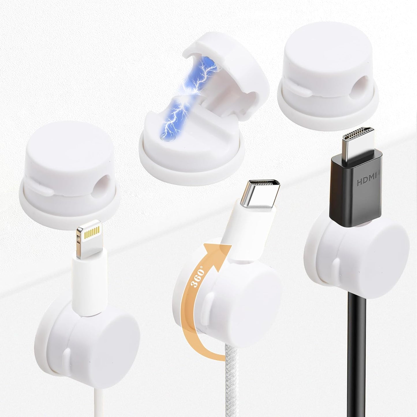 6 Pack Cable Management Clips[Upgrade Rotatable] Home Office Desk Cord Keeper Organizer Accessories Charger USB Wire Organizer Cord Holder for Nightstand (White)