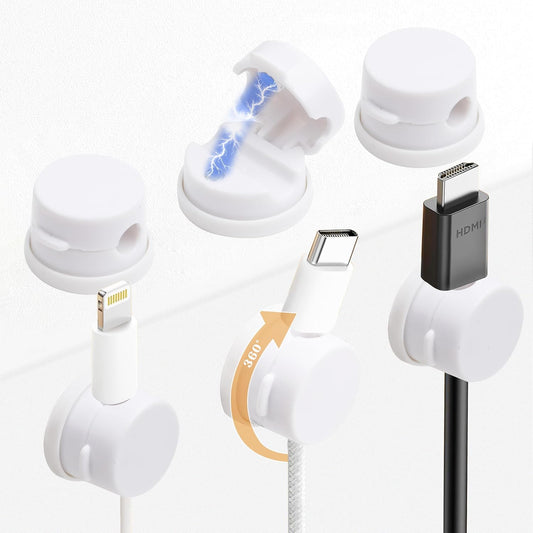 6 Pack Cable Management Clips[Upgrade Rotatable] Home Office Desk Cord Keeper Organizer Accessories Charger USB Wire Organizer Cord Holder for Nightstand (White)