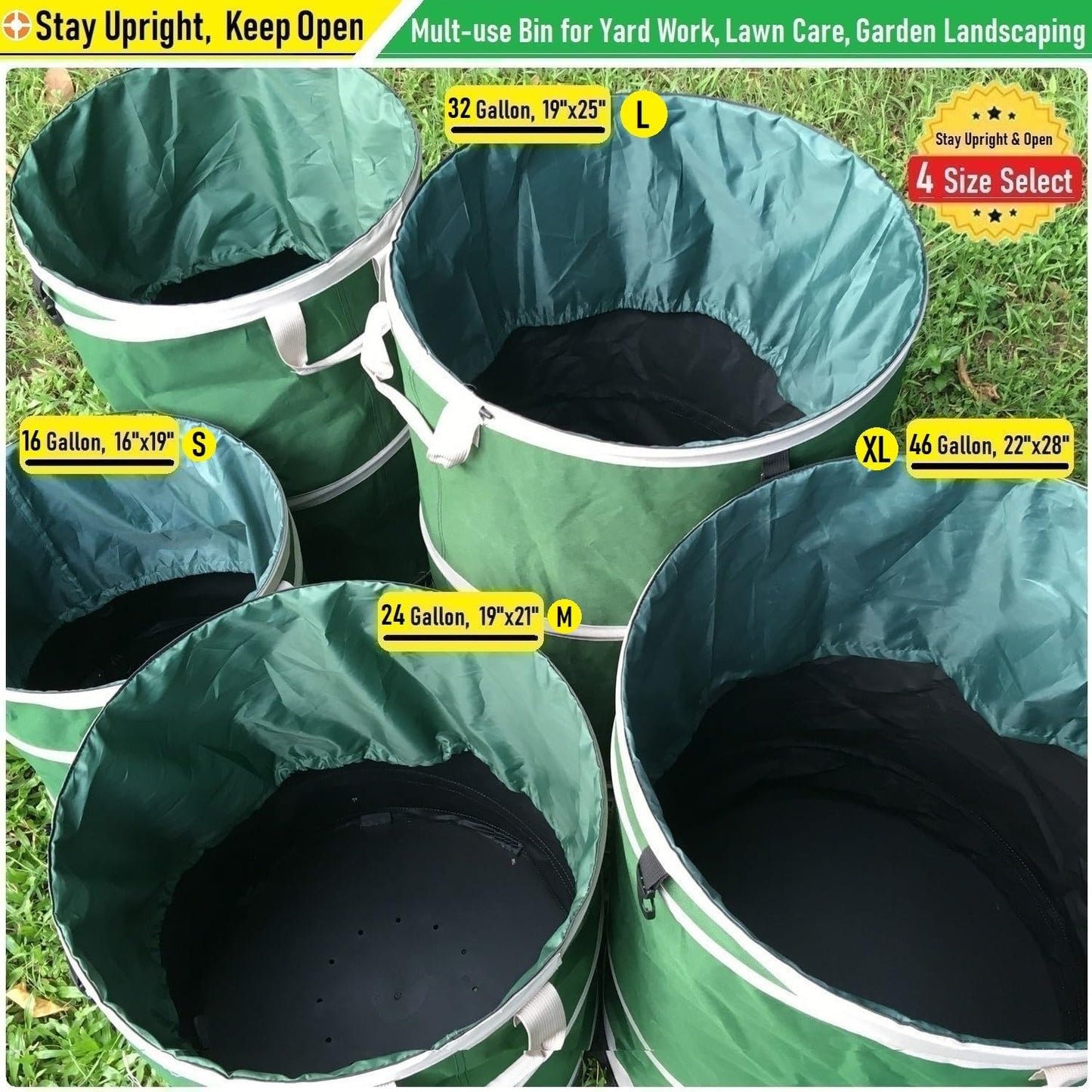 46-Gallon Collapsible Trash Can (22x28 in) Hard-Shell Bottom Yard Garden Bag for Yard Waste,Debris Container,Pop-Up Recycling Bin,Camping Waste Bag,Laundry Hamper,Lawn Grass,Leaf Bag,Sods,Weeds Barrel